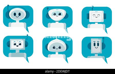 Set of smiling cute robot chatbots in a speech bubble. Support service concept. Vector cartoon flat illustration isolated on white background. Stock Vector
