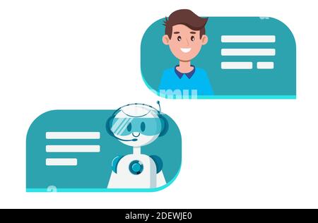 Chatbot concept. A man is chatting with a cute smiling robot. Communication and messaging. Dialogue in a speech bubble. Flat vector illustration Stock Vector