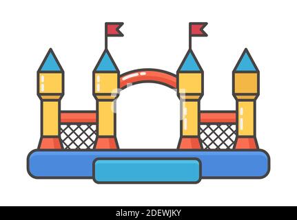 Bouncy inflatable castle. Tower and equipment for child playground. Vector line illustration isolated on white background. Stock Vector