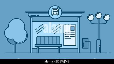 Bus stop vector line art colored illustration. Public transport station, bus terminal . Vector outline illustration Stock Vector