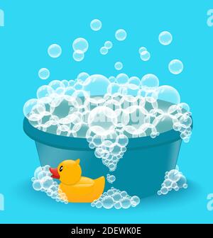 Blue basin with soap suds and yellow rubber duck. Concept for washing baby clothes or bathing. Vector illustration Stock Vector