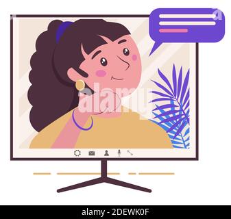 Chatting online. Girl on the monitor screen. Work at home, freelance, remote work as a team. Service for communication. Flat illustration isolated on Stock Vector