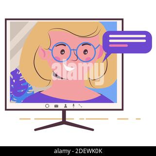 Chatting online. Girl on the monitor screen. Work at home, freelance, remote work as a team. Service for communication. Flat illustration isolated on Stock Vector