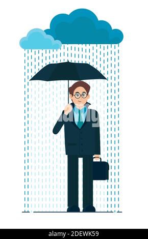 Young man with an umbrella in the rain. Bad rainy weather. Flat cartoon illustration Stock Vector