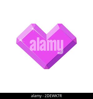Amethyst crystal in shape of heart. Pink heart crystal isolated in white background. Cartoon vector illustration Stock Vector