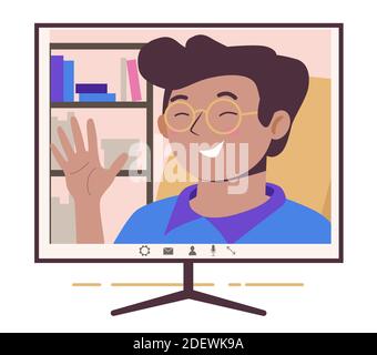 Chatting online. Man on the monitor screen. Work at home, freelance, remote work as a team. Service for communication. Flat illustration isolated on Stock Vector