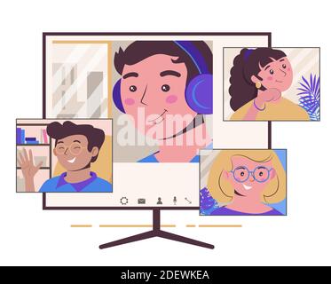 Collective virtual meeting and group video conference. Chatting with friends online, conversation on an online forum. Vector flat illustration for Stock Vector
