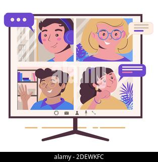 Collective virtual meeting and group video conference. Chatting with friends online, conversation on an online forum. Vector flat illustration for Stock Vector