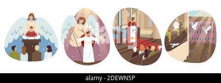 Religion, christianity, holiday set concept. Collection of men catholic orthodox priests pope cartoon characters talking speaking with parish people christians. St Isidore day and Lent celebration. Stock Vector