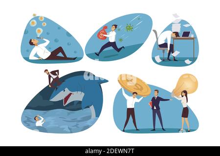 Business, finance, stress set concept. Collection of businesspeople men women managers save money from crisis tired fatigue at work selling idea for currency making cash mining. Successful investment. Stock Vector