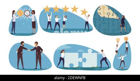 Business, management, coworking set concept. Collection of businesspeople men women searching problem solution working together trating on deal exchange time for money illustration. Team service rank. Stock Vector