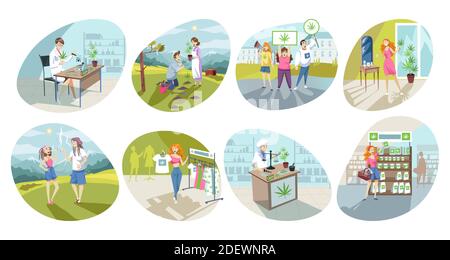 Marijuana, drug, healthcare set concept. Collection of people men women charactrs smoking weed buying selling cbd oil products doing cannabis medical research. Healthy lifestyle and hashish addiction. Stock Vector