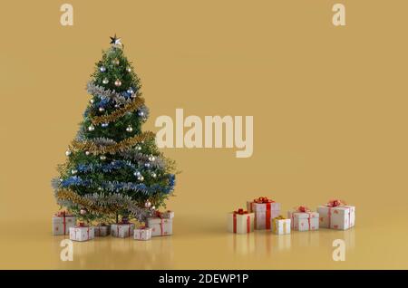 christmas fir tree and christmas presents boxes 3d-illustration with copy space on the right Stock Photo