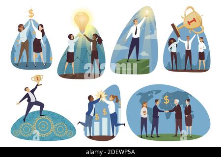 Business, teamwork, goal achievement set concept. Collection of businesspeople men women cartoon chaarcter working together celebrating financial profit success making global agreement illustration. Stock Vector