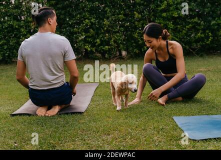 Happy Asian woman playing with dog while sitting on lawn near man during yoga lesson in backyard in summer Stock Photo
