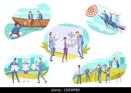 Business, teamwork, cooperation set concept. Collection of teams of businesspeople men women managers working together supporting colleagues assembling jigsaw puzzles. Coworking and goal achievement. Stock Vector