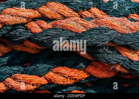 Close up of thick marine grade hemp rope coiled in multiple layers