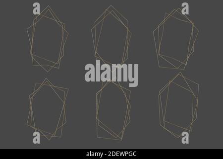 set of golden abstract frames for trendy design of invitations, greeting cards, business cards, printing. Luxury golden thin delicate lines, geometric Stock Vector