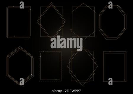 set of golden abstract frames for trendy design of invitations, greeting cards, business cards, printing. Luxury golden thin delicate lines, geometric Stock Vector