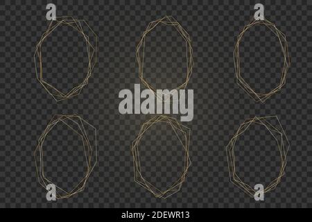 set of golden abstract frames for trendy design of invitations, greeting cards, business cards, printing. Luxury golden thin delicate lines, geometric shapes isolated on transparent background. Stock Vector