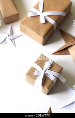 Christmas. Christmas Decoration and Gift Boxes Flatlay on White Background. Stock Photo