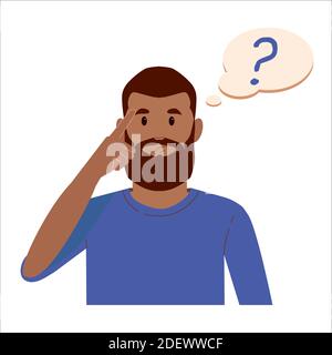Portrait of young black beard man with question mark in think bubble. People thinking or solving problem. Dilemma vector flat cartoon concept Stock Vector