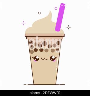 Brown bubble milk tea ads with delicious tapioca black pearls. Cute bubble tea kawaii smiled character. Taiwanese famous and popular drink Boba Stock Vector