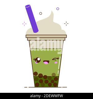 Green bubble milk tea ads with delicious tapioca black pearls. Cute bubble tea kawaii smiled character. Taiwanese famous and popular drink Boba Stock Vector