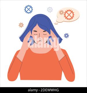 Portrait of young troubled woman. Girl with think bubble. People thinking or solving problem. Dilemma vector flat cartoon concept illustration. Stock Vector