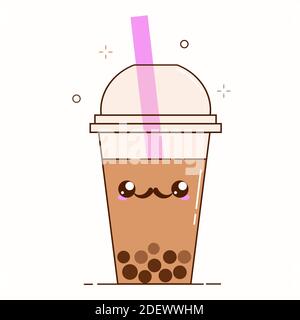 Brown bubble milk tea ads with delicious tapioca black pearls. Cute bubble tea kawaii smiled character. Taiwanese famous and popular drink Boba Stock Vector