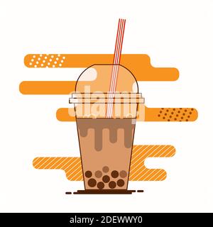 Brown bubble milk tea ads with delicious tapioca black pearls. Taiwanese famous and popular drink Boba. Cartoon flat vector icon. Stock Vector