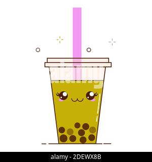 Green bubble milk tea ads with delicious tapioca black pearls. Cute bubble tea kawaii smiled character. Taiwanese famous and popular drink Boba Stock Vector