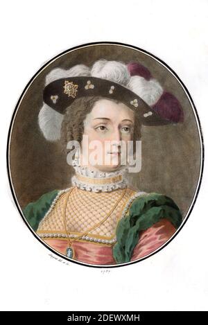 Portrait of Margaret of Valois. French Princess & Queen Consort (1553-1615) (Engr 1787) (Sergent) Illustration or Engraving Stock Photo