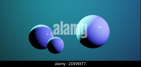 Abstract floating hovering round spheres, globes or balls, cgi render illustration, background wallpaper rendering, colorful lighting, blue Stock Photo