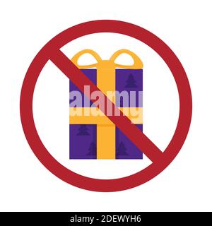 Festive flat gift box with ribbon in prohibition sign. Forbid on giving gifts. Ban on birthdays and Christmas. Vector sign for logos, icons, stickers Stock Vector
