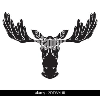Black silhouette of a moose head with antlers front view with hatching. Wild mammal. Vector outline silhouette for logos, icons, postcards and your de Stock Vector