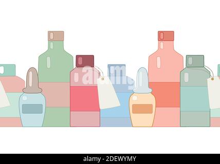 Seamless contour colored border with bottles and flasks. Medicine and perfumery. Vector object for frames, cards, banners and your design. Stock Vector