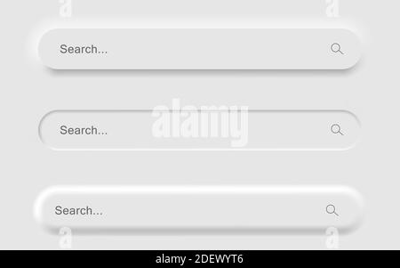 Set of White Search bar form templates of neomorphic interface. Neomorphism trendy 2020 design elements, UI components. Vector layout illustration iso Stock Vector