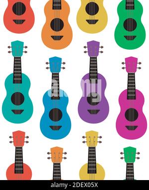 Seamless flat pattern with multi colored ukuleles in a row on a white background. Hawaiian music. Musical string instrument. Seamless texture for fabr Stock Vector