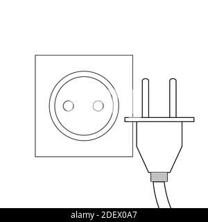 Contour illustration of a socket and plug. Equipment for electricity. Vector outline element for icons, banners and your design Stock Vector