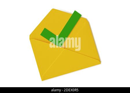 Yellow envelope with green check mark symbol on white background Stock Photo