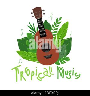 Tropical music. Cartoon ukulele with tropical exotic leaves and musical notes isolated on white background. Hawaiian string instrument. Vector flat po Stock Vector
