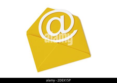 Yellow envelope with email symbol on white background Stock Photo