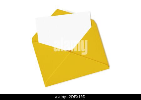 Yellow envelope with blank document on white background Stock Photo