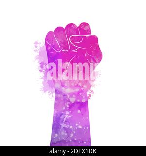 Fist silhouette with purple watercolor background with splashes and spray. Parades and manifestos. Women pride and solidarity. Vector object for poste Stock Vector