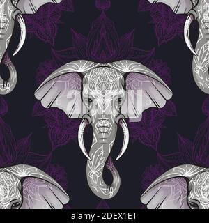 Seamless pattern with ethnic elephant head with mehendi decoration and mandala on violet background. Spiritual Ganesha with tribal decoration. Vector Stock Vector