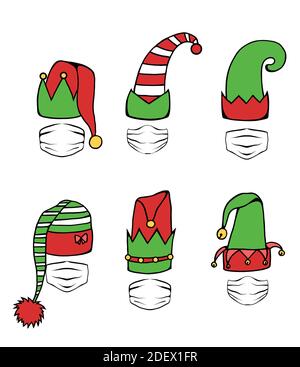 Cartoon elf hats with protective face masks. Christmas is in quarantine. Safe holiday during a pandemic. Set of vector objects for logos, icons, postc Stock Vector