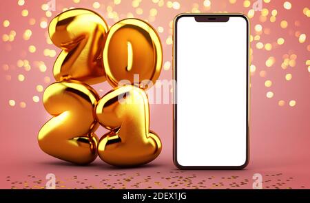 Phone mockup with 2021 golden numbers on a pink background. Happy new year mobile template. Blank screen Stock Photo