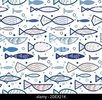 Seamless boho blue contour pattern with doodle fishes and bubbles floating to the right. Underwater lagoon world. Vector outline texture for fabrics, Stock Vector