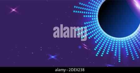 Abstract dark violet background. Light blue futuristic equalizer in space. Planet sound horizontal banner. vector illustration. Stock Vector